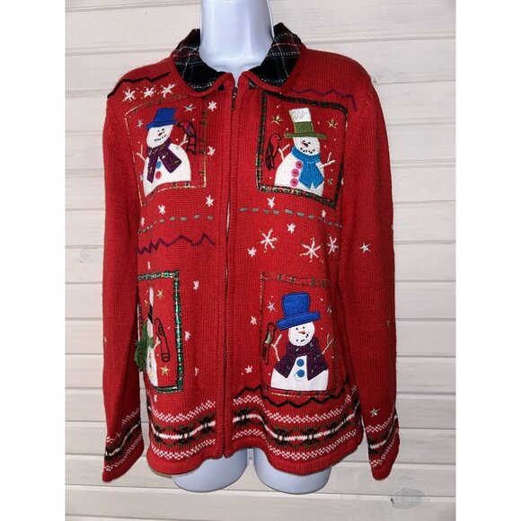 Planet & Company Sz MEDIUM Red Snowman Full Zip Sweater Plaid Collar EUC - Picture 3 of 10